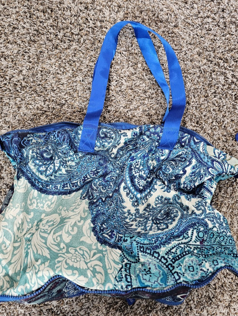 CHICO’S Paisley Print Packable Nylon Zip Tote, Water Resistant Foldable Blue